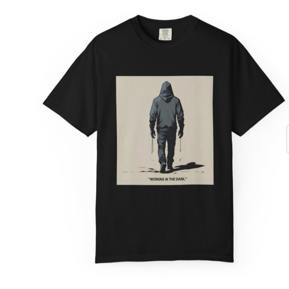 Black Graphic T-Shirt with Hooded Figure